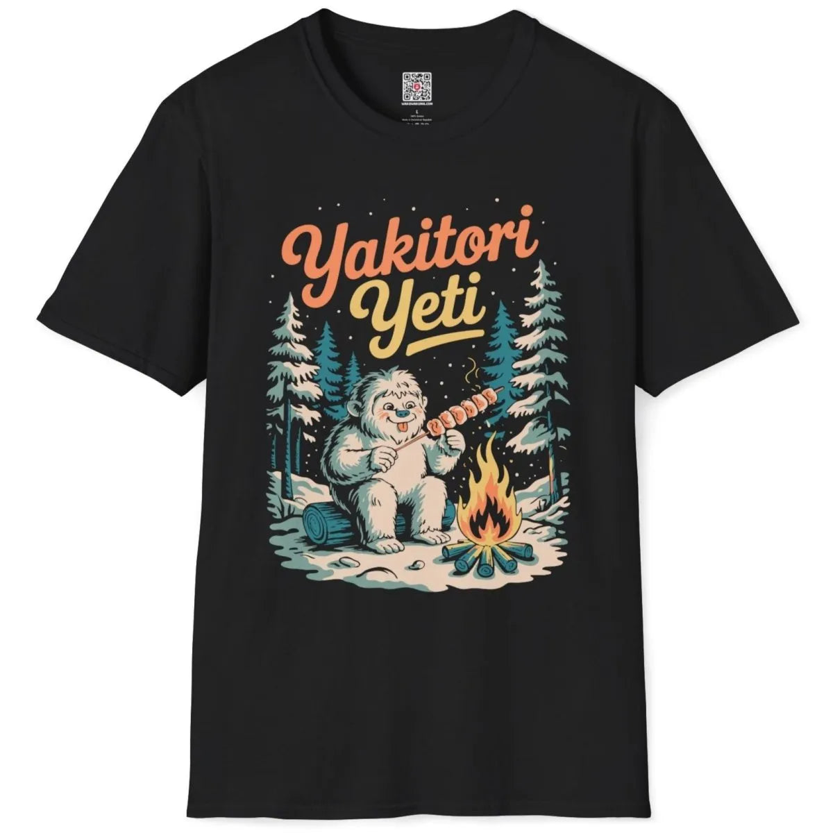 Yakitori Yeti design on black t-shirt flatlay, rustic charm, snowy campfire, japanese t-shirts.