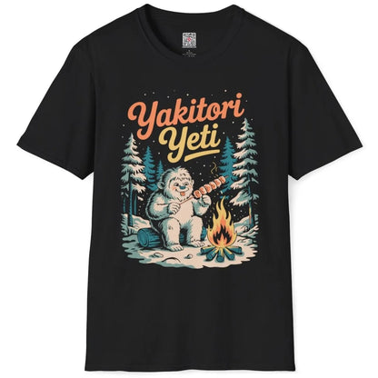 Yakitori Yeti design on black t-shirt flatlay, rustic charm, snowy campfire, japanese t-shirts.