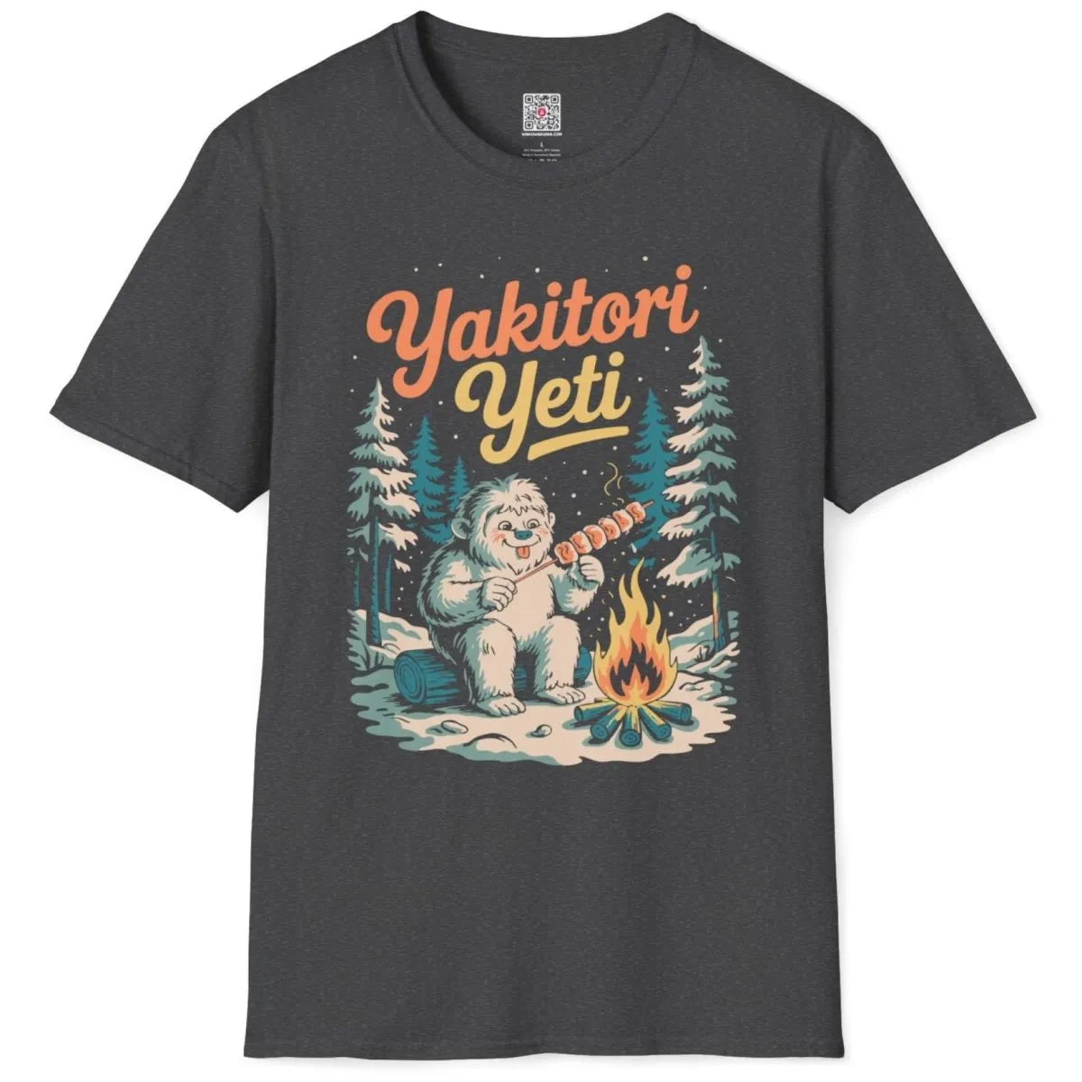 Yakitori Yeti on dark heather shirt, winter feast, cozy campfire, japanese snack popular.