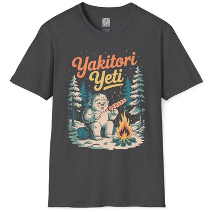 Yakitori Yeti on dark heather shirt, winter feast, cozy campfire, japanese snack popular.