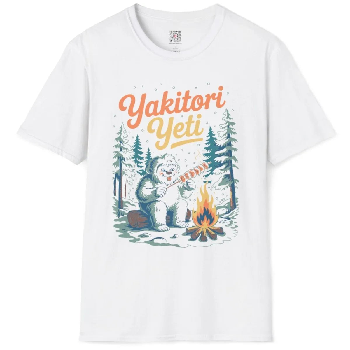 Yakitori Yeti on white t-shirt flatlay, whimsical monster, snowy forest, camping shirt.