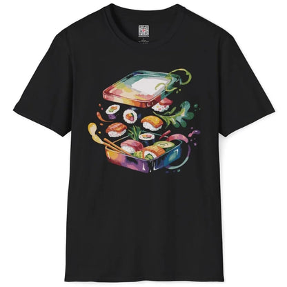 Sushi bento design on black t-shirt flatlay, watercolor sushi, pop art shirt, japanese inspired clothes.