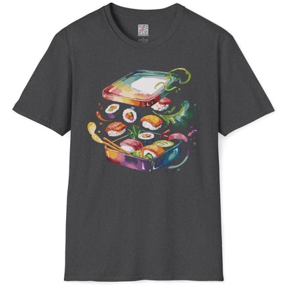 Sushi bento on dark heather shirt flatlay, vibrant sushi art, graphic t-shirts stores, fusion cuisine.