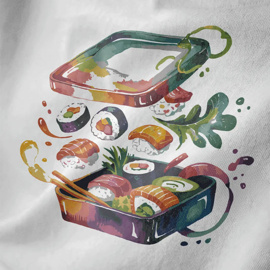 Colorful sushi bento box closeup on white shirt, watercolor sushi, vibrant style, japanese t-shirts.