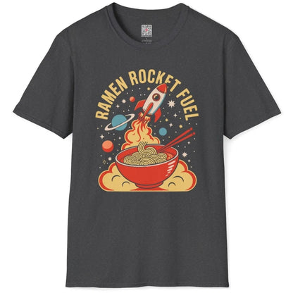 Dark heather t-shirt flatlay with ramen bowl, rocket, and retro text, energetic cosmic theme.