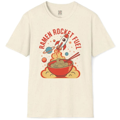 Natural t-shirt flatlay with ramen, rocket, and dynamic retro "RAMEN ROCKET FUEL" typography, fusion cuisine.