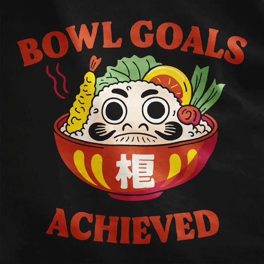 Black fabric closeup of Daruma bowl, sushi ingredients, and bold motivational text, japanese t-shirts.