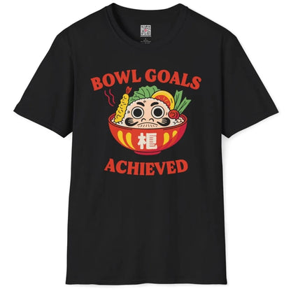 Black t-shirt flatlay with Daruma, sushi, and bold curved text, vibrant style, fusion cuisine.