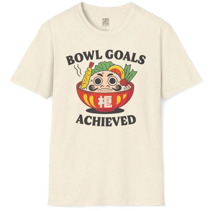Natural t-shirt flatlay with Daruma, sushi, and bold motivational text, cultural identity, vibrant style.