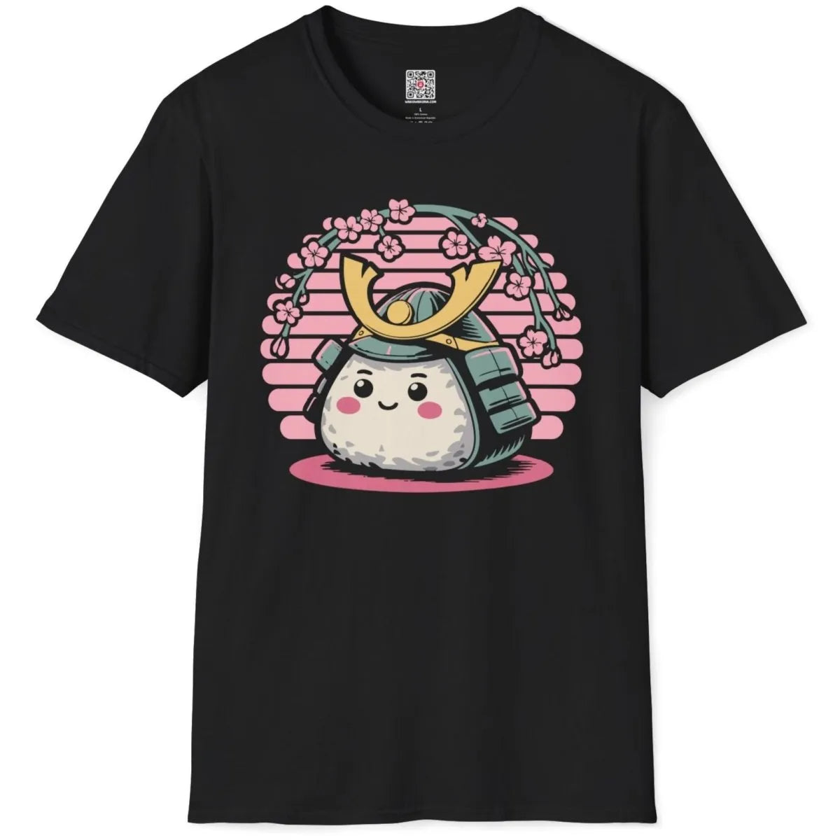 Black t-shirt flatlay with cute onigiri, samurai helmet, and cherry blossom theme, soft aesthetics.