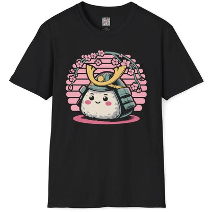 Black t-shirt flatlay with cute onigiri, samurai helmet, and cherry blossom theme, soft aesthetics.