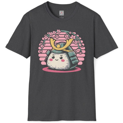 Dark heather t-shirt flatlay with onigiri, samurai helmet, and pink blossoms, traditional japanese art.