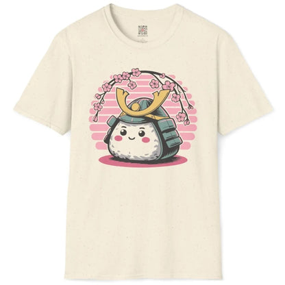 Natural t-shirt flatlay with cute onigiri, samurai helmet, and cherry blossoms, pastel aesthetics.
