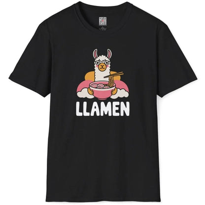 Black t-shirt flatlay with cartoon llama eating ramen, whimsical illustration, ramen t-shirt, foodie style.