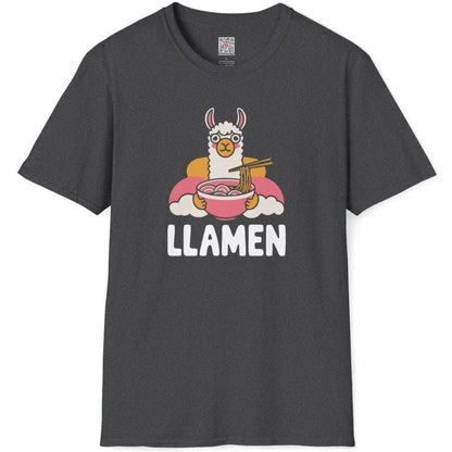 Dark heather t-shirt with cartoon llama eating ramen, whimsical illustration, ramen t-shirt, cozy food.