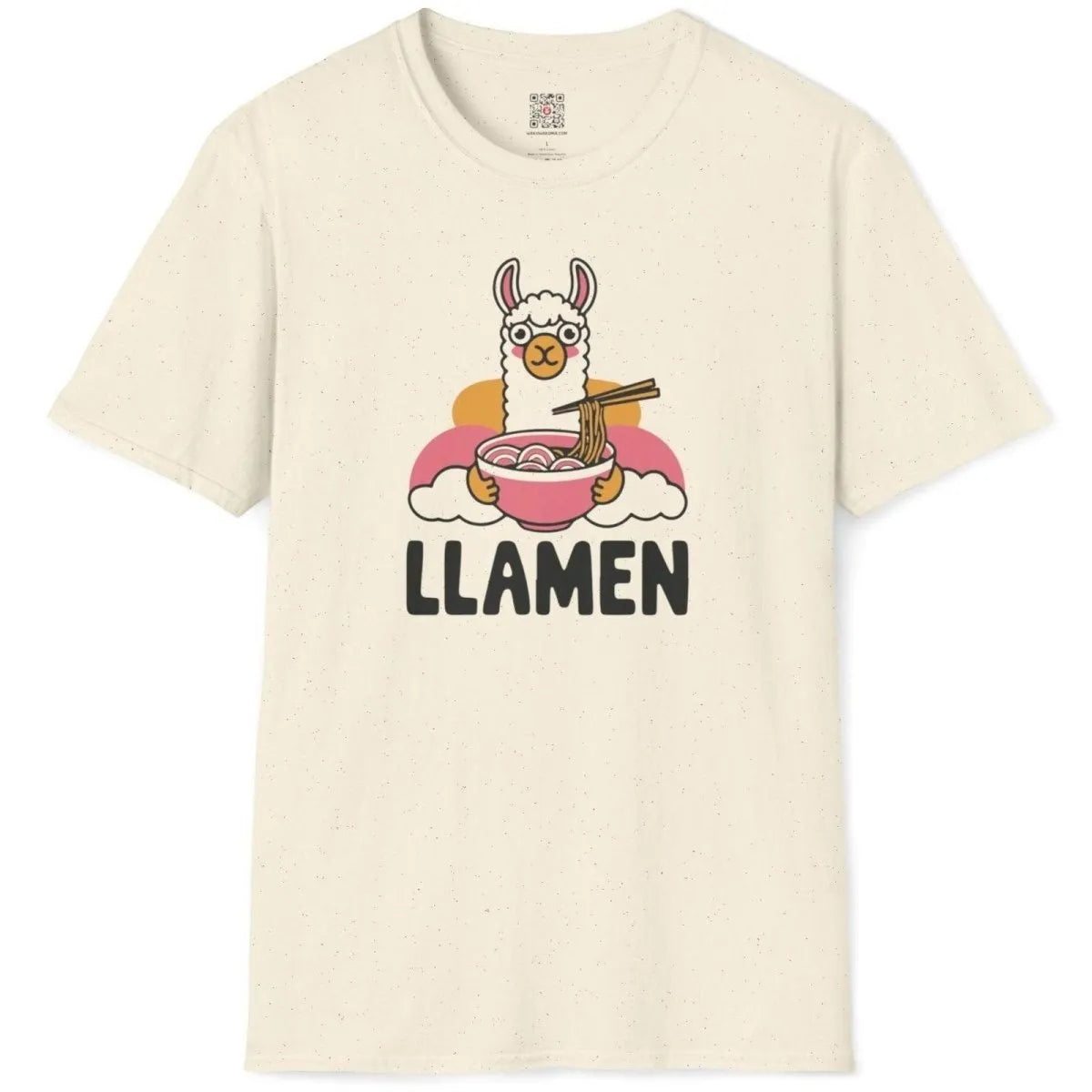 Natural t-shirt flatlay with cartoon llama eating ramen, whimsical illustration, ramen shirt, foodie style.
