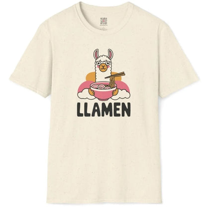 Natural t-shirt flatlay with cartoon llama eating ramen, whimsical illustration, ramen shirt, foodie style.