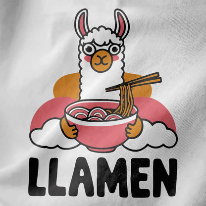 Closeup of cartoon llama eating ramen on white t-shirt, whimsical illustration, ramen t-shirt, kawaii clothes.