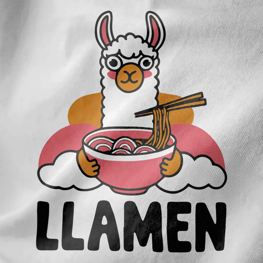 Closeup of cartoon llama eating ramen on white t-shirt, whimsical illustration, ramen t-shirt, kawaii clothes.