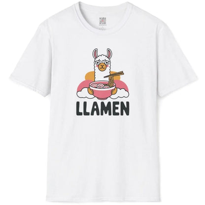 White t-shirt flatlay featuring cartoon llama with ramen bowl, whimsical illustration, ramen shirt, kawaii clothes.