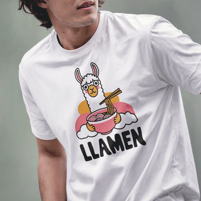 Male model wears white t-shirt with cartoon llama eating ramen, whimsical illustration, ramen t-shirt.