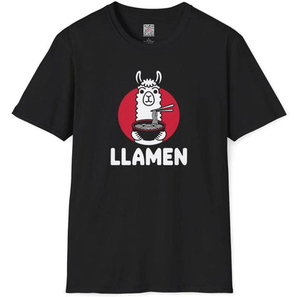 Flatlay of a black t-shirt displaying a cute llama eating ramen, bold LLAMEN pun, ramen shirt, pop art shirt.