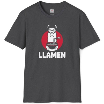Flatlay of a dark heather t-shirt showing a cartoon llama with ramen, humorous quote, whimsical illustration.