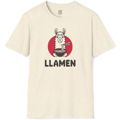 Flatlay of a natural t-shirt featuring a llama holding ramen, kawaii clothes, foodie style, ramen t shirt.
