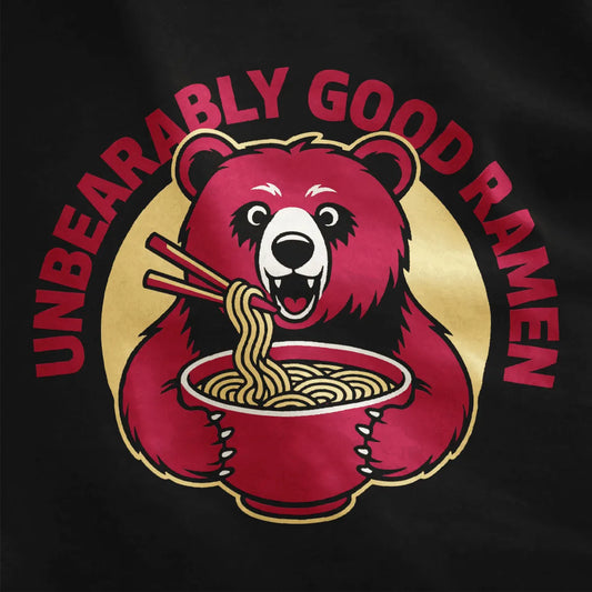 Close-up of playful red bear eating ramen on black shirt, bold typography, ramen t-shirt, vibrant style.