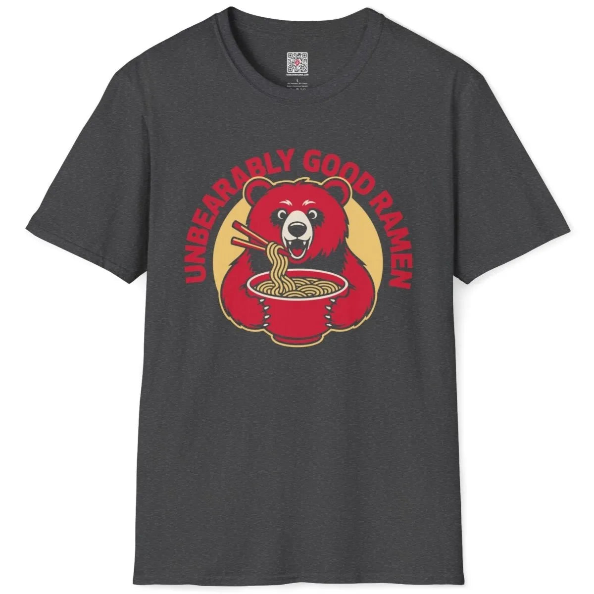 Dark heather flatlay t-shirt with playful red bear and ramen, ramen t-shirt, graphic design t shirt.