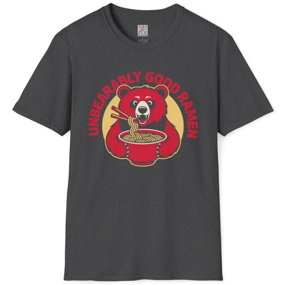 Dark heather flatlay t-shirt with playful red bear and ramen, ramen t-shirt, graphic design t shirt.