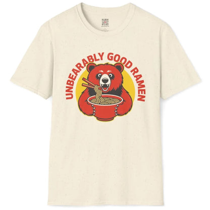 Natural flatlay t-shirt with red bear eating ramen, bold typography, fusion cuisine, ramen shirt.
