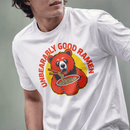 Male model in white t-shirt with cheerful red bear and ramen bowl, ramen t-shirt, cartoonish style.