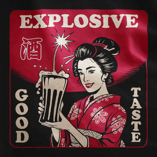 Black shirt closeup, striking geisha with sake and fuse, red background, bold typography, contrast art.