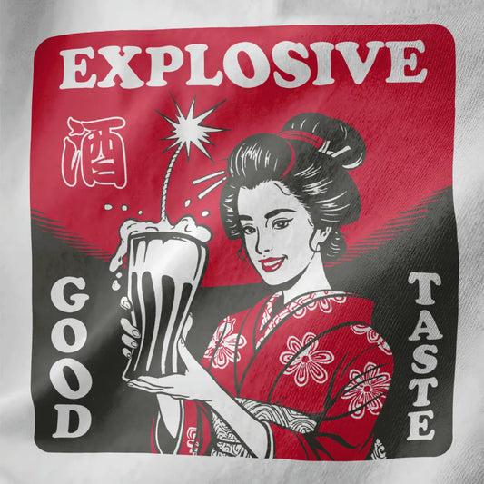 White shirt closeup, geisha in red kimono holding sake cup with fuse, bold EXPLOSIVE text, japanese t-shirts.