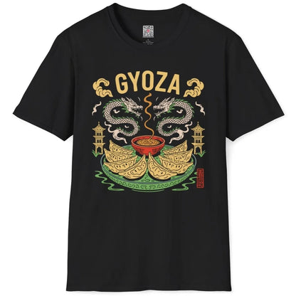 Black gyoza t-shirt flatlay, detailed dragons, green plate, and pagoda accents in foodie style.