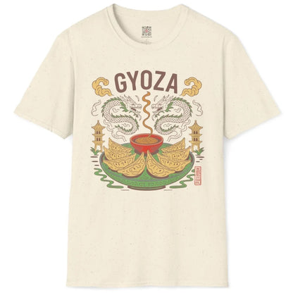 Natural gyoza t-shirt flatlay, cultural blend with dragons, clouds, and pleated dumplings.