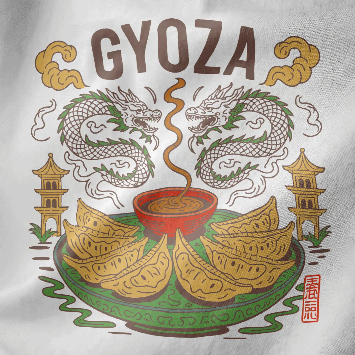 Gyoza t-shirt closeup on white, featuring dragons, clouds, and dumplings in vibrant oriental art.