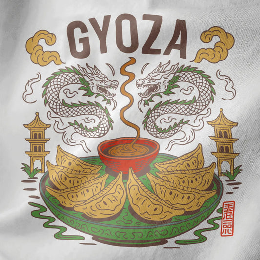 Gyoza t-shirt closeup on white, featuring dragons, clouds, and dumplings in vibrant oriental art.