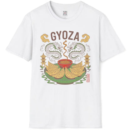 White gyoza t-shirt flatlay, dragons and gyoza plate, fusion cuisine and contrast in colors.