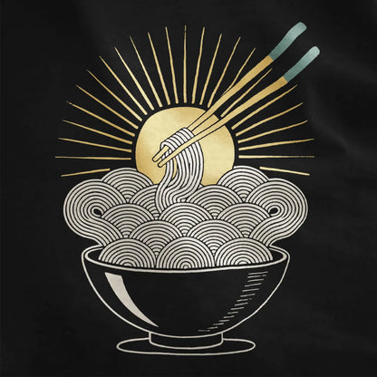 Noodle sunburst t-shirt closeup on black, bold ramen bowl, yellow sunburst, and junk food shirt vibe.