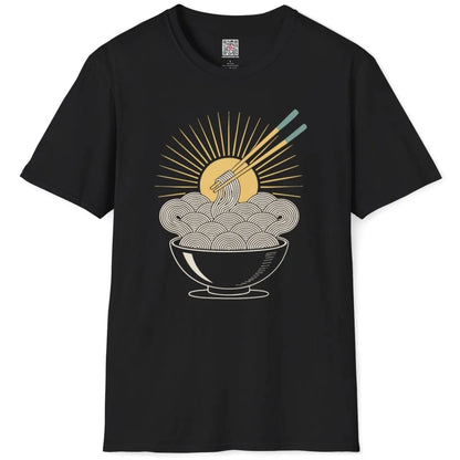 Black noodle sunburst t-shirt flatlay, lively noodle bowl, sunburst, and Japanese t-shirts inspiration.
