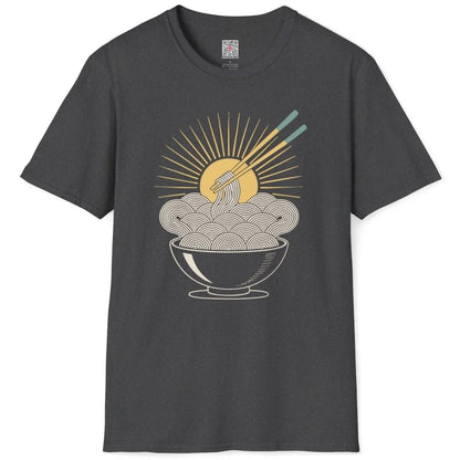 Dark heather noodle sunburst t-shirt flatlay, ramen t-shirt with bold lines and comforting mood.