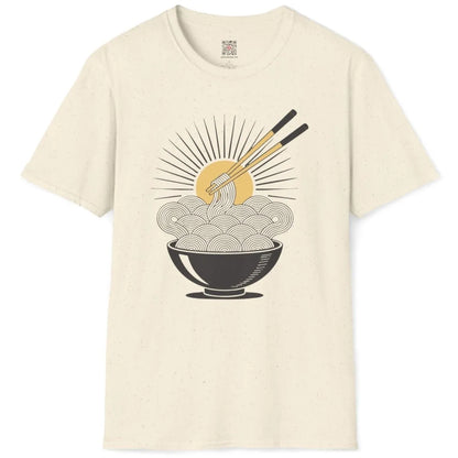 Natural noodle sunburst t-shirt flatlay, Japanese t-shirts design, chopsticks, and radiant sunburst.