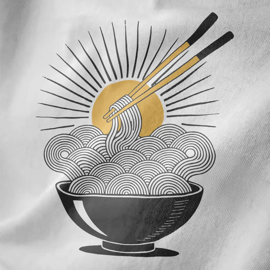 Noodle sunburst t-shirt closeup on white, swirling noodles, chopsticks, and radiant sunburst in Japanese t-shirts style.