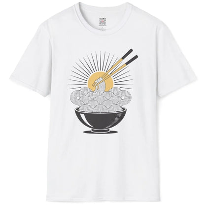 White noodle sunburst t-shirt flatlay, swirling noodles, chopsticks, and vibrant sunburst.