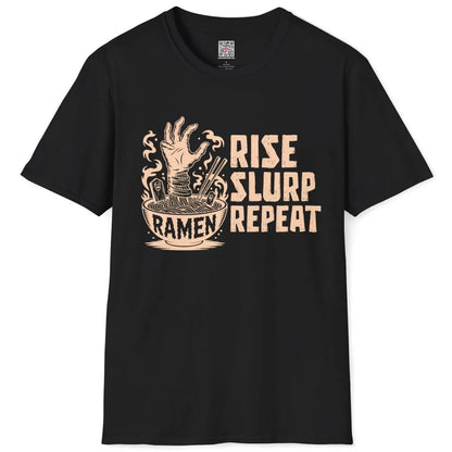Black flatlay t-shirt with zombie hand, ramen bowl, distressed "RISE SLURP REPEAT" text, vintage aesthetic.