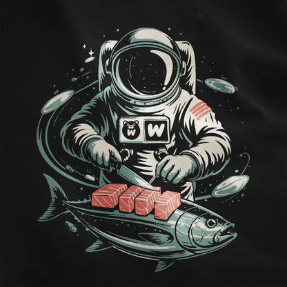 Close-up of black fabric with detailed sushi t-shirt design showing astronaut cutting tuna in space.