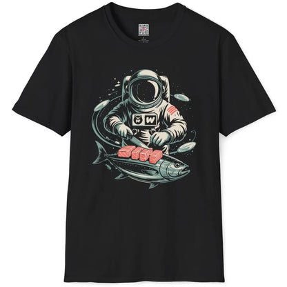 Black t-shirt flatlay with space-themed sushi design showing astronaut cutting fresh tuna fish.