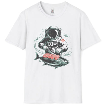 White t-shirt flatlay featuring bear shirt design with astronaut preparing sushi among stars and bubbles.